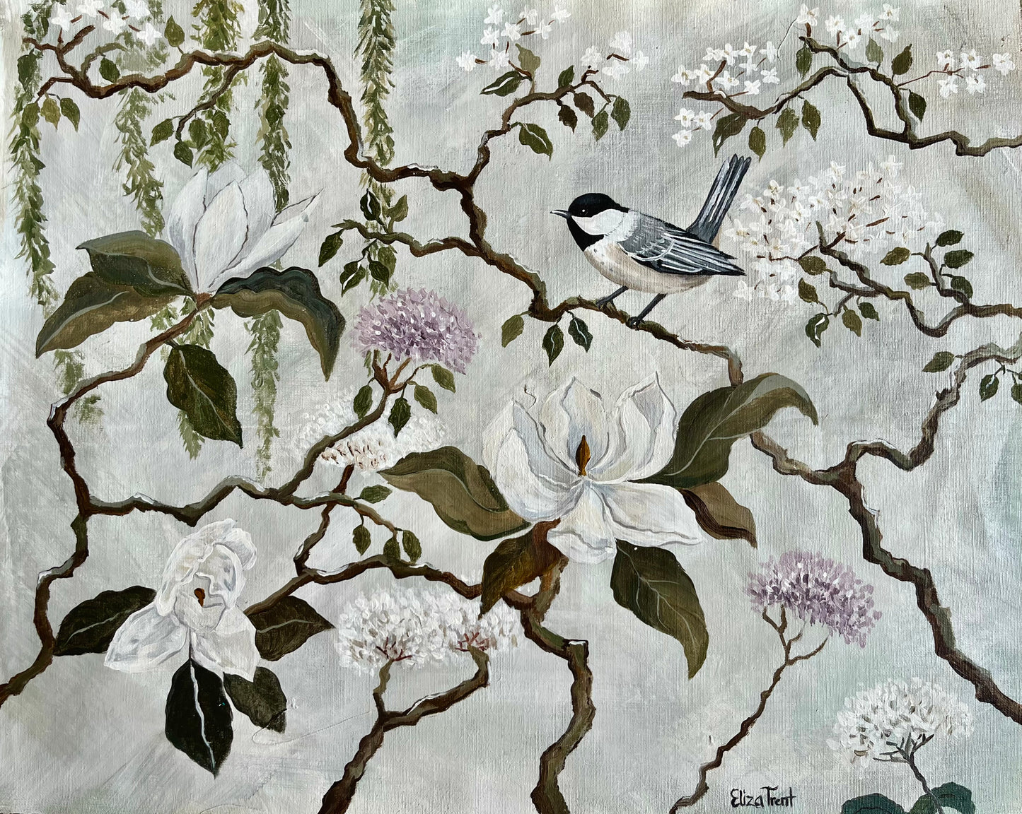 Southern Chinoiserie No.VI:Carolina Chickadee On Linen