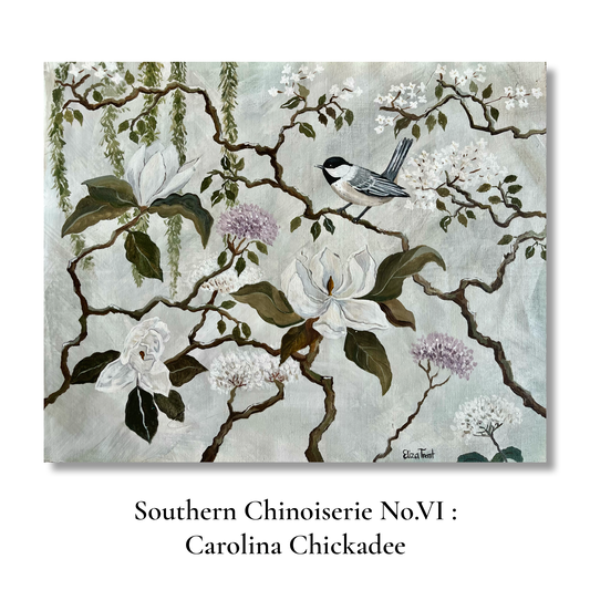 Southern Chinoiserie No.VI:Carolina Chickadee On Linen