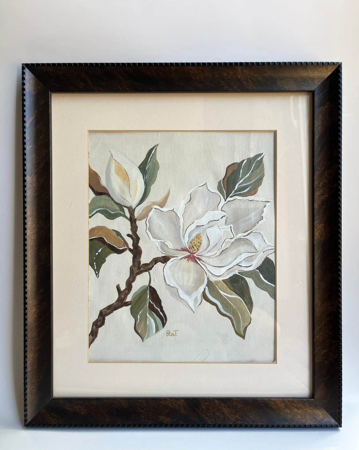 Original Southern Magnolia on Natural Linen | Framed Botanical Painting | 14×16