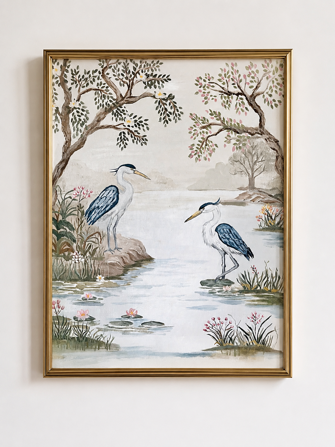 Southern Chinoiserie Blue Herons On Linen - Fine Art Giclée Print