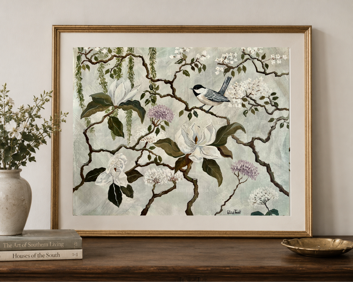 Southern Chinoiserie No.VI:Carolina Chickadee On Linen