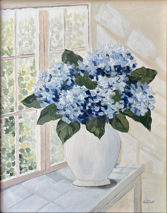 Blue Hydrangeas by the Window | Original Acrylic Painting | 11×14”