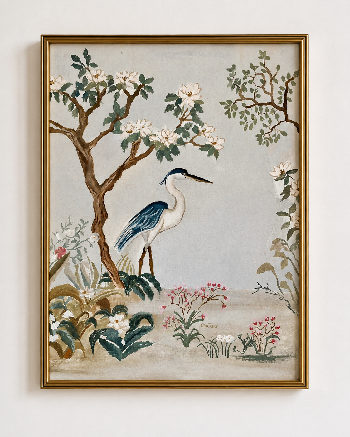 Southern Chinoiserie Blue Heron On Linen - Fine Art Giclée Print