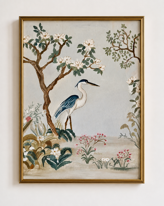Southern Chinoiserie Blue Heron On Linen - Fine Art Giclée Print