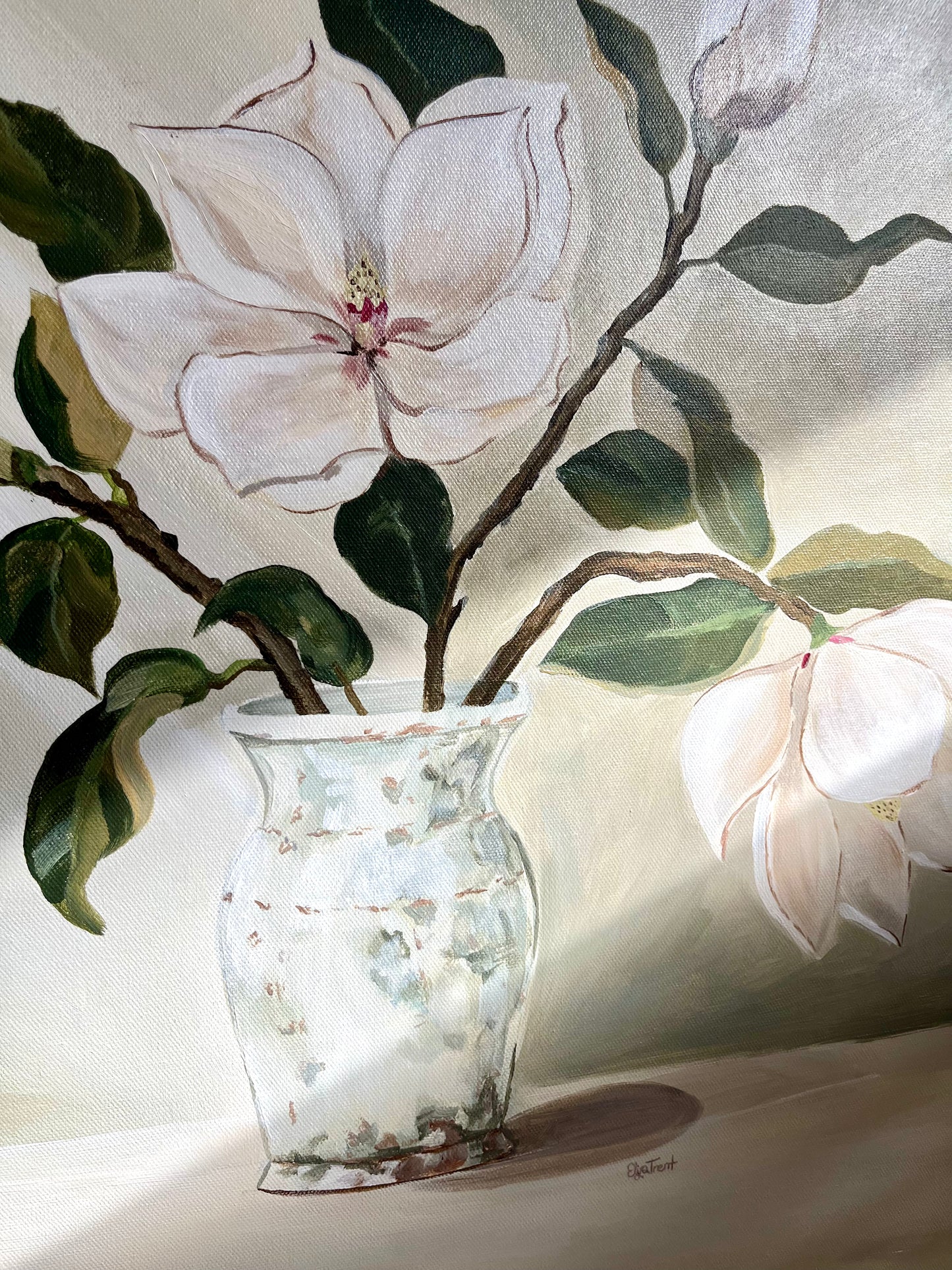 Southern Magnolias in McCarty’s Aged Celadon Vessel — Original Painting