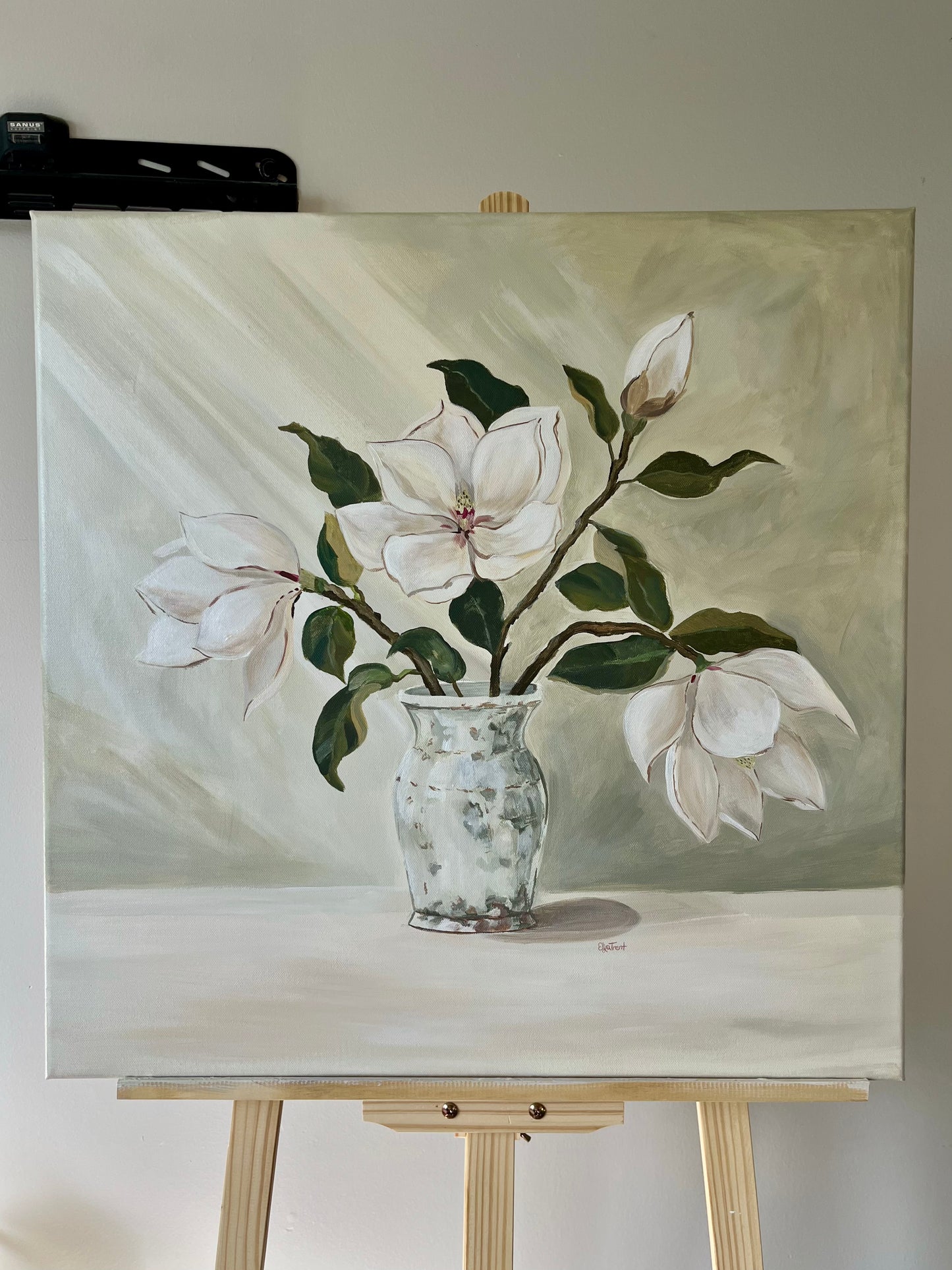 Southern Magnolias in McCarty’s Aged Celadon Vessel — Original Painting
