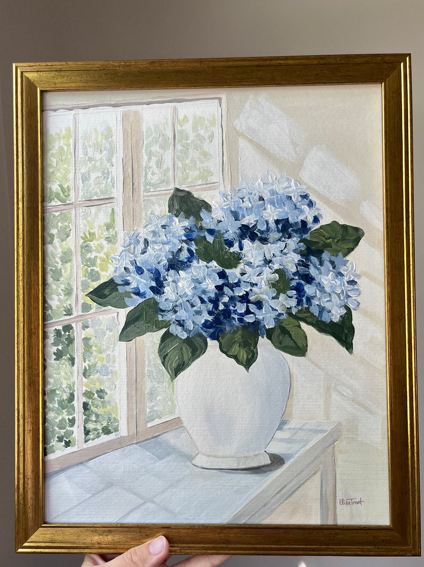 Blue Hydrangeas by the Window | Original Acrylic Painting | 11×14”
