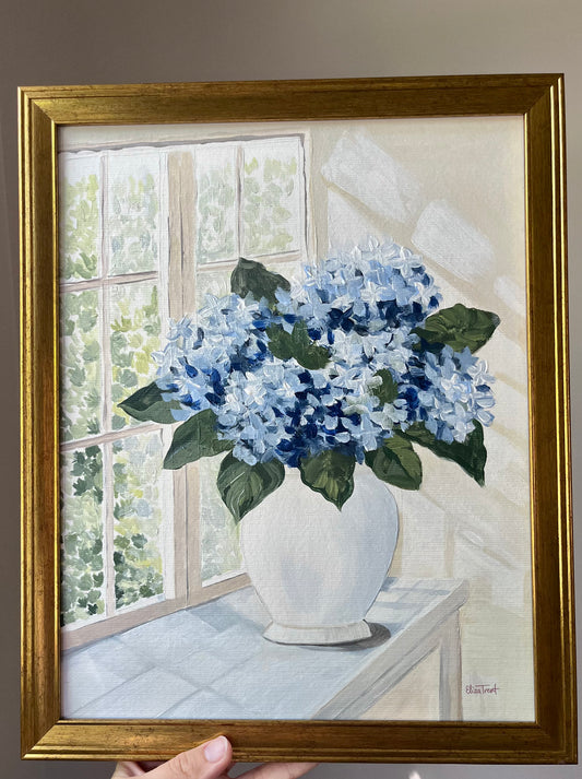 Blue Hydrangeas by the Window | Original Acrylic Painting | 11×14”