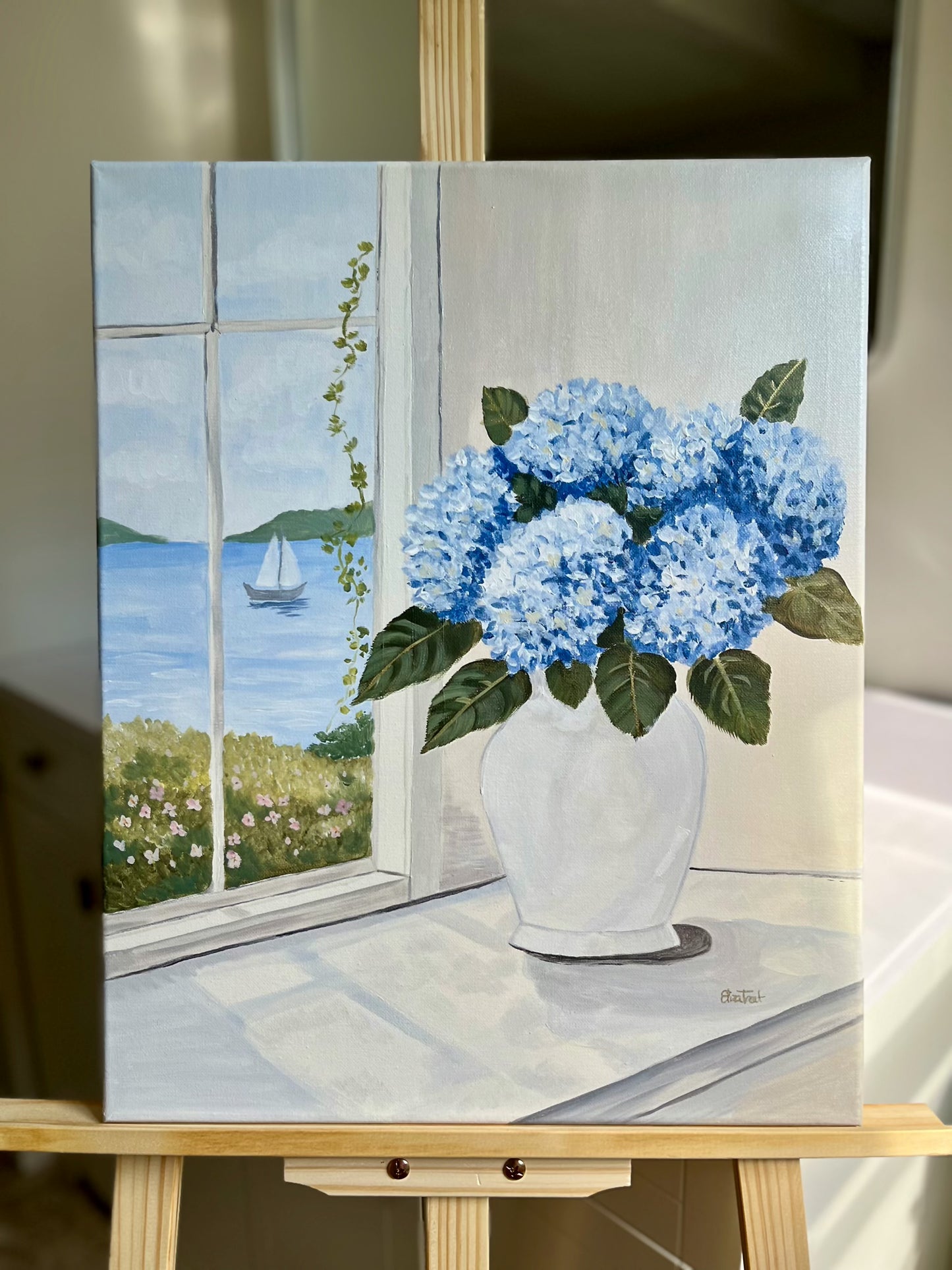 Blue Hydrangeas by the Window | Original Acrylic Painting | 16 × 20 in