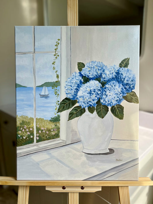 Blue Hydrangeas by the Window | Original Acrylic Painting | 16 × 20 in