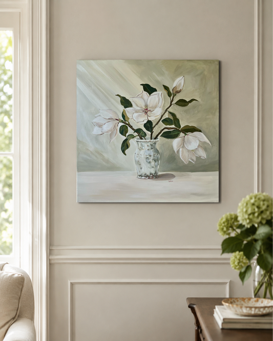 Southern Magnolias in McCarty’s Aged Celadon Vessel — FINE ART PRINTS