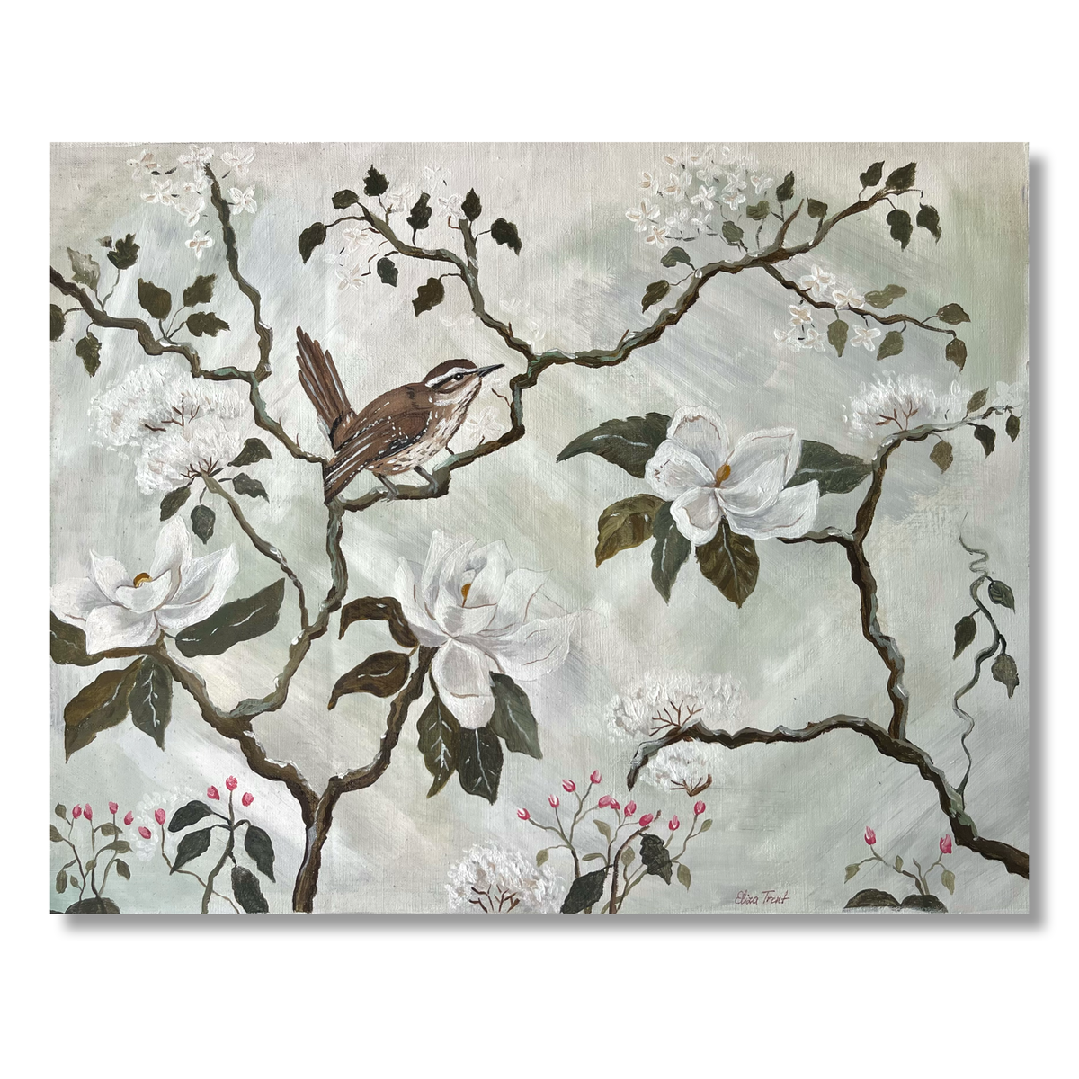 Southern Chinoiserie on Linen No. V: Carolina Wren | Fine Art Print