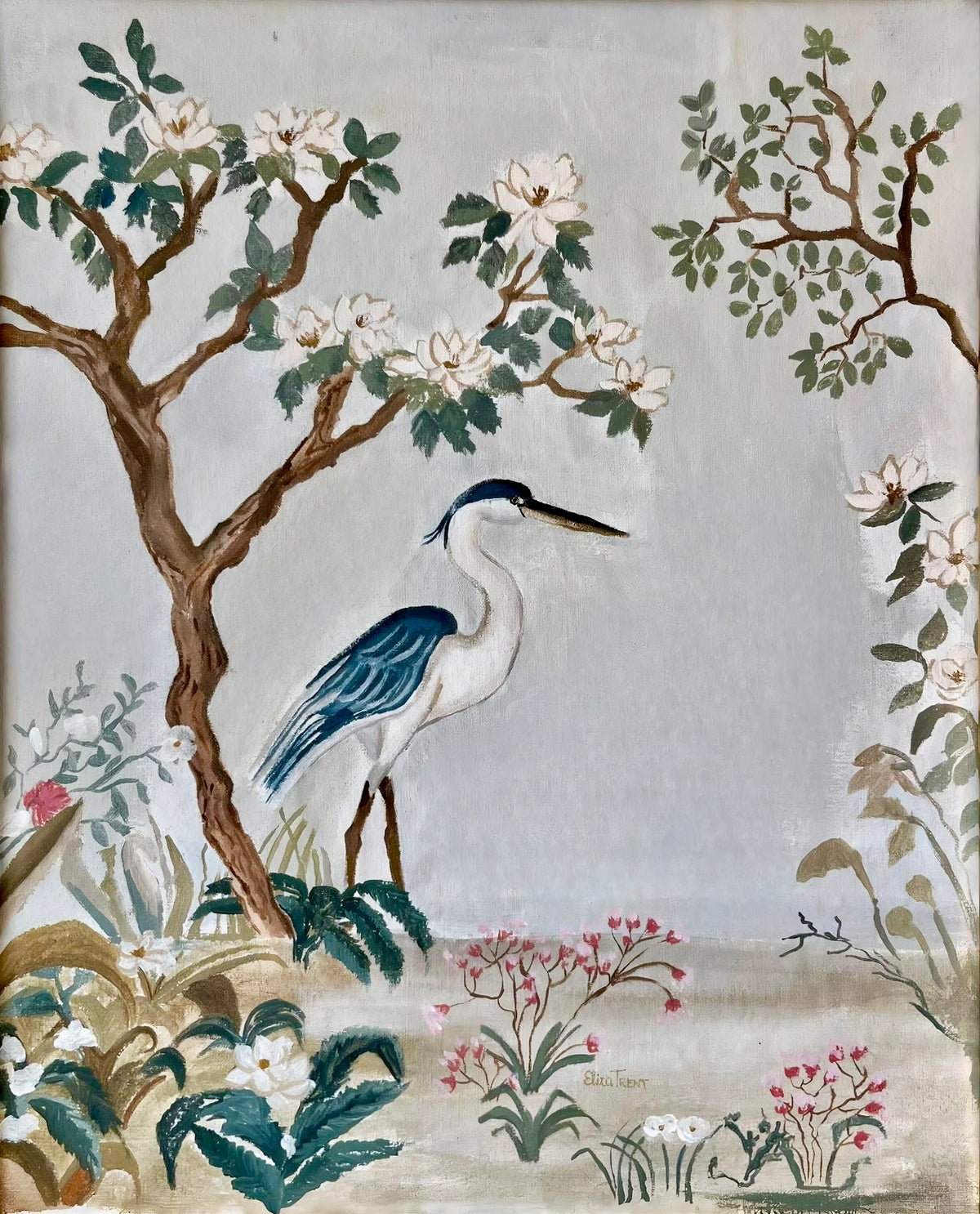 Southern Chinoiserie Blue Heron On Linen - Fine Art Giclée Print